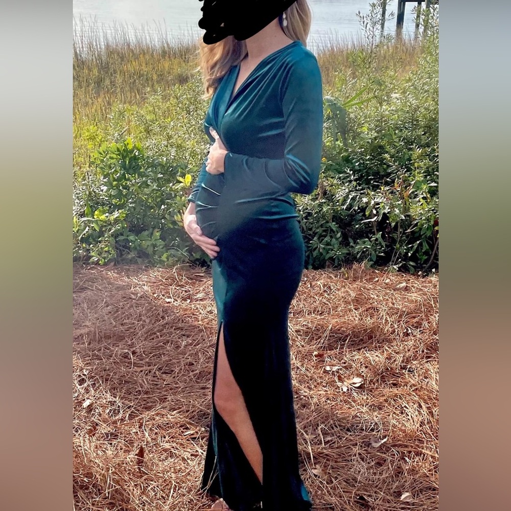Emerald green velvet maternity dress with slit